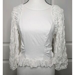 Free People Olivia Contrast Stitch Top 3/4 Puff Sleeve Size Medium‎ White Boho